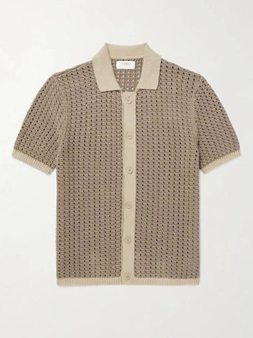 AIDASE  -  Hollow Out Short Sleeve Knitting Shirts For Men Summer Trendy Button Lapel Cardigan Tops Vintage Patchwork Lapel Knit Mens Shirt aidase-shop